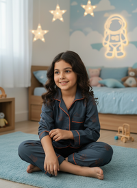 Thumbnail for Midnight Blue Kitty Hand Block Printed Lycra Cotton Unisex Night Suit