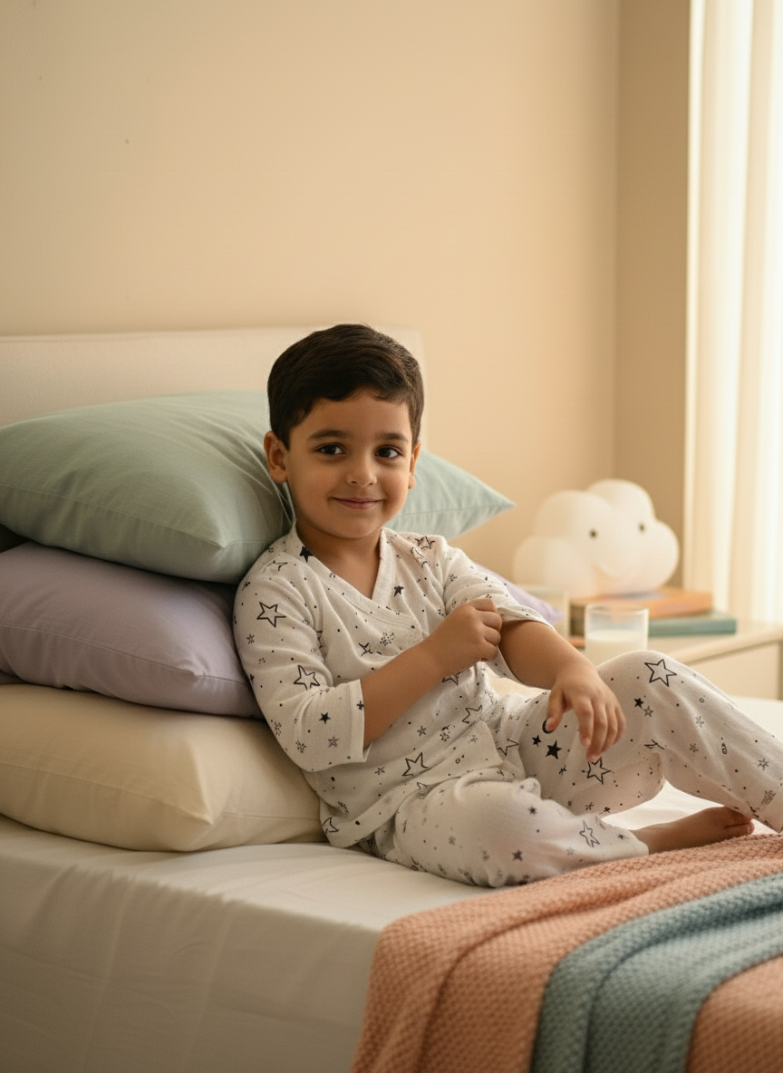White Soft Cotton Star Printed Nightwear For Boys