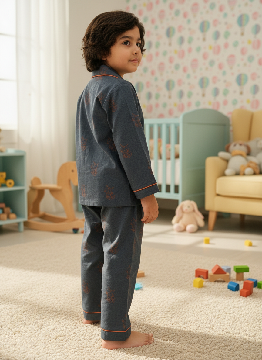 Midnight Blue Kitty Hand Block Printed Lycra Cotton Boy Night Suit