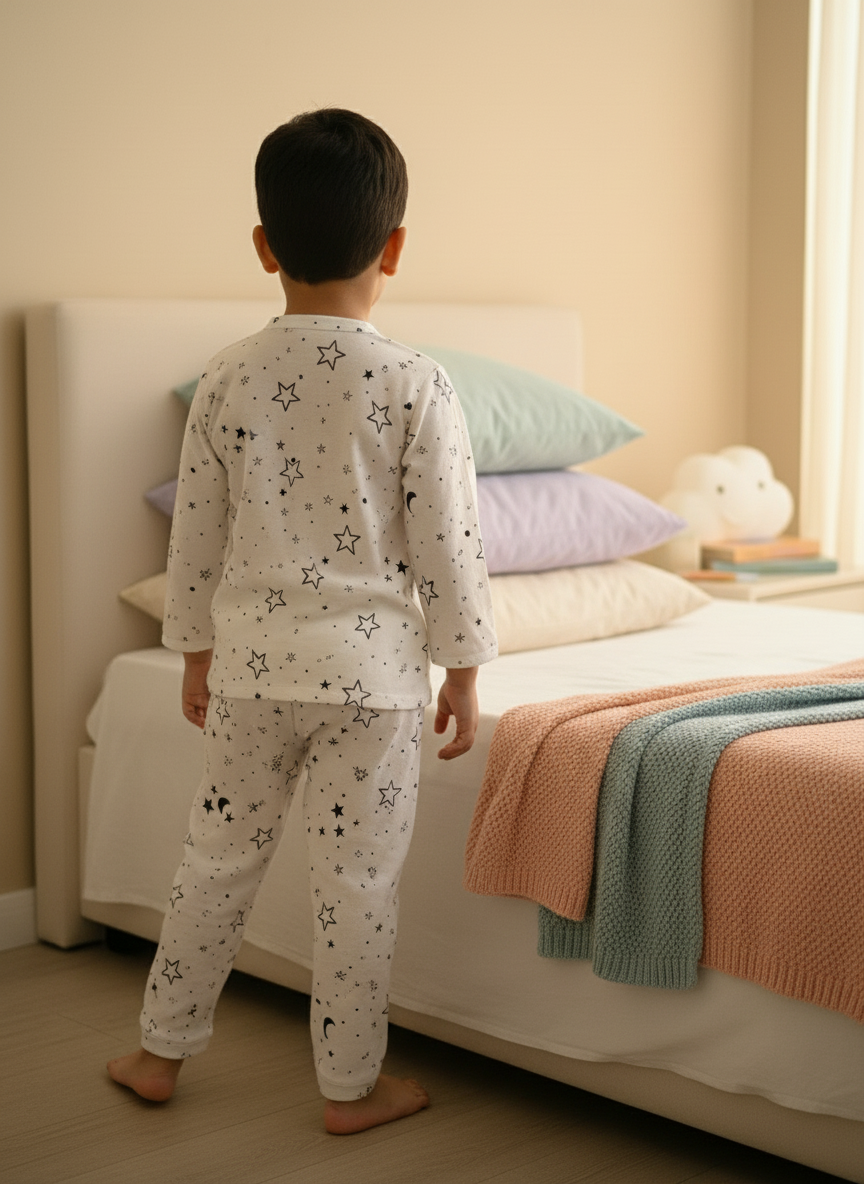 White Soft Cotton Star Printed Nightwear For Boys