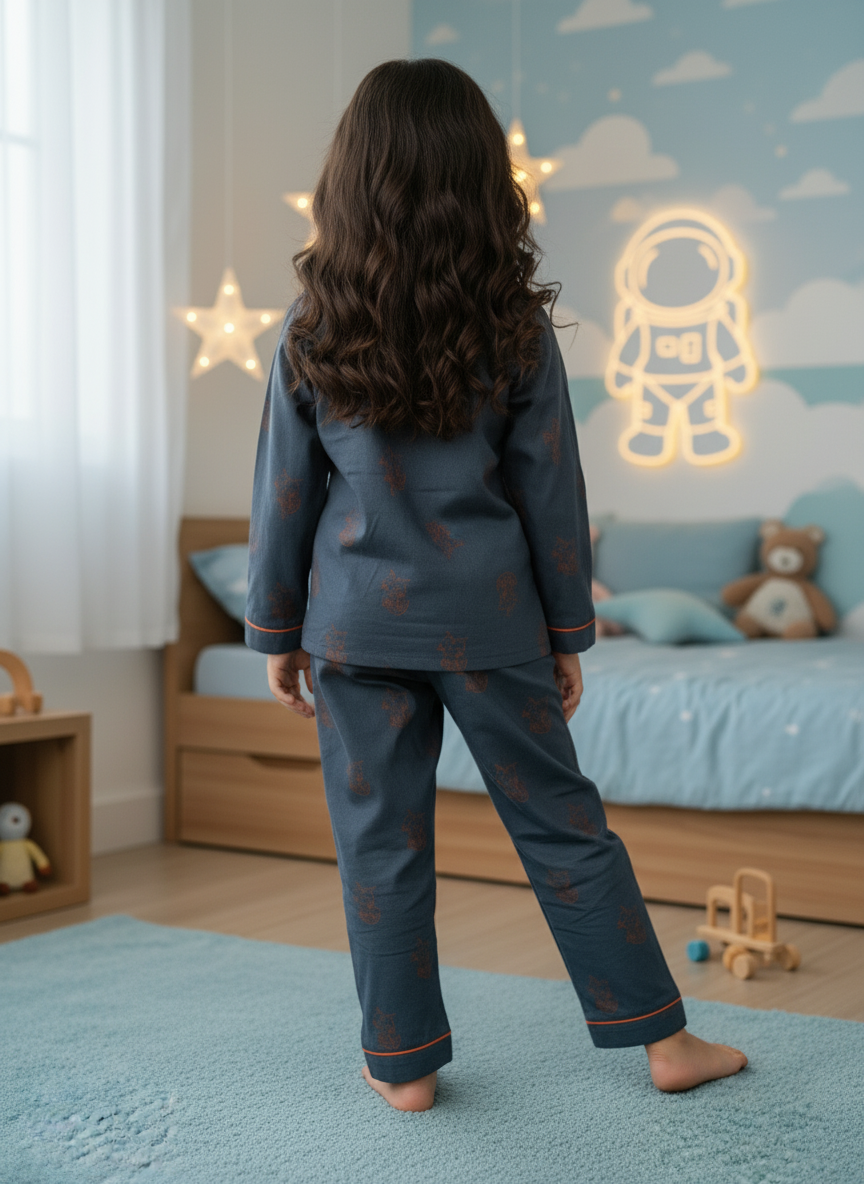 Midnight Blue Kitty Hand Block Printed Lycra Cotton Unisex Night Suit