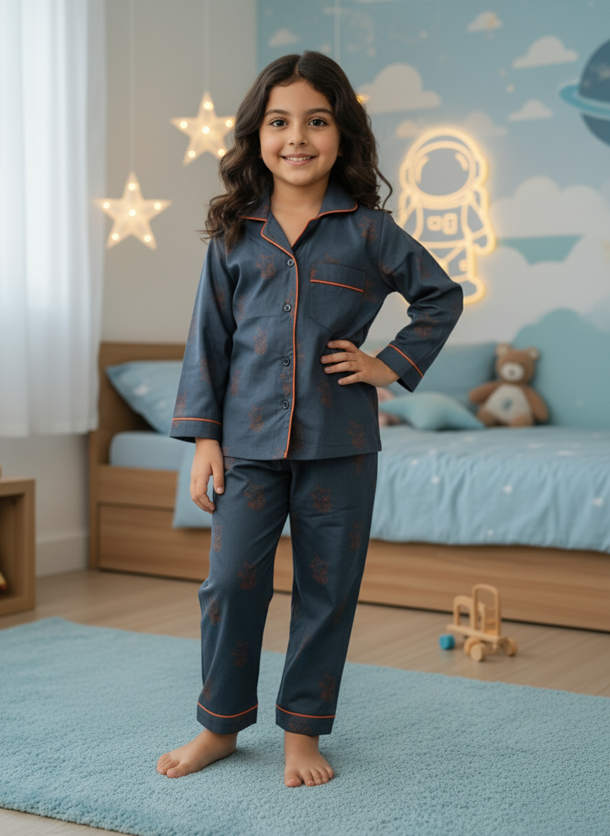 Midnight Blue Kitty Hand Block Printed Lycra Cotton Unisex Night Suit