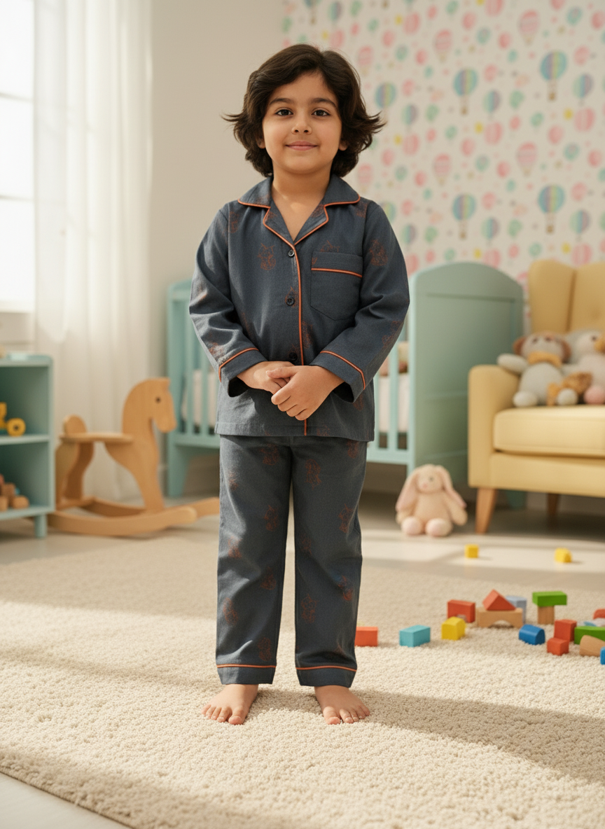 Midnight Blue Kitty Hand Block Printed Lycra Cotton Boy Night Suit