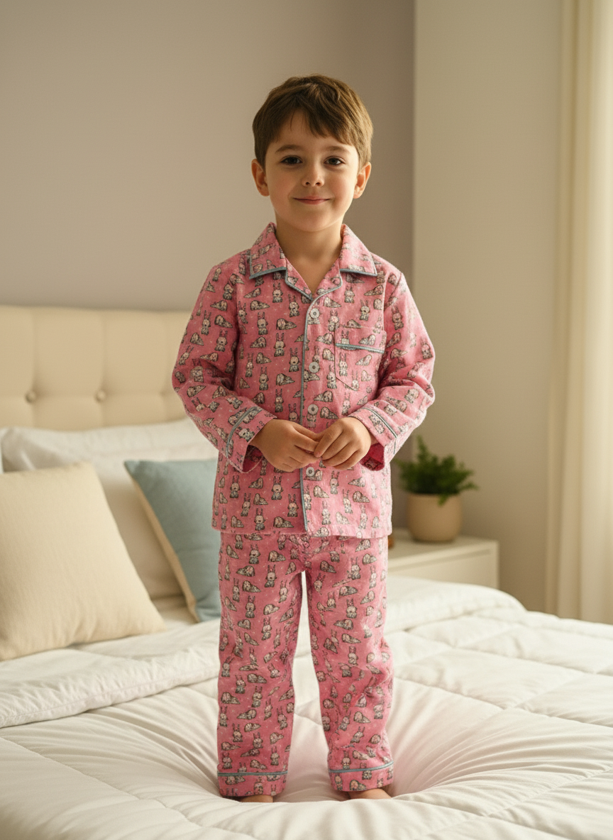 Pink Bunny Print Unisex Spun Cotton Night Suit
