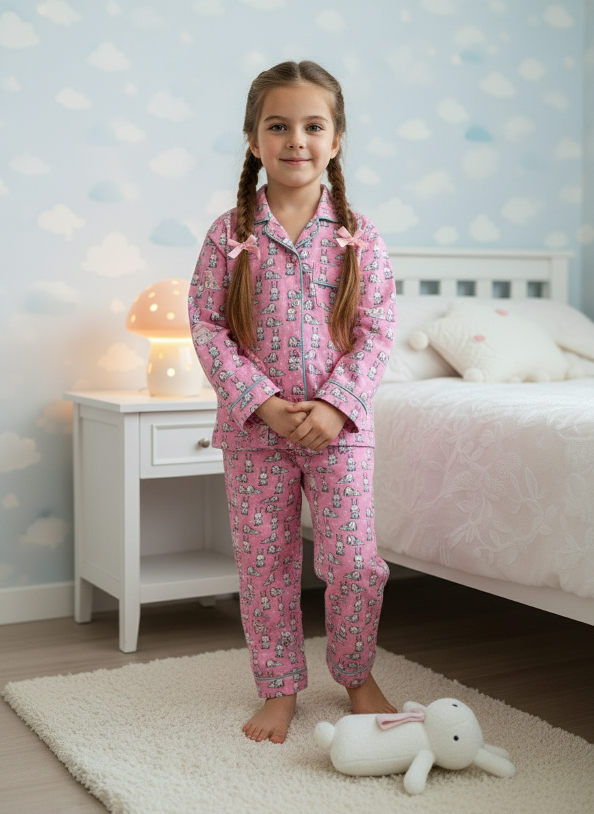 Pink Bunny Print Unisex Spun Cotton Night Suit