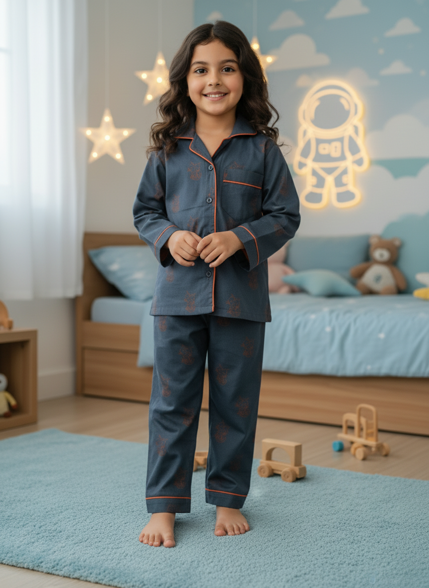 Midnight Blue Kitty Hand Block Printed Lycra Cotton Unisex Night Suit