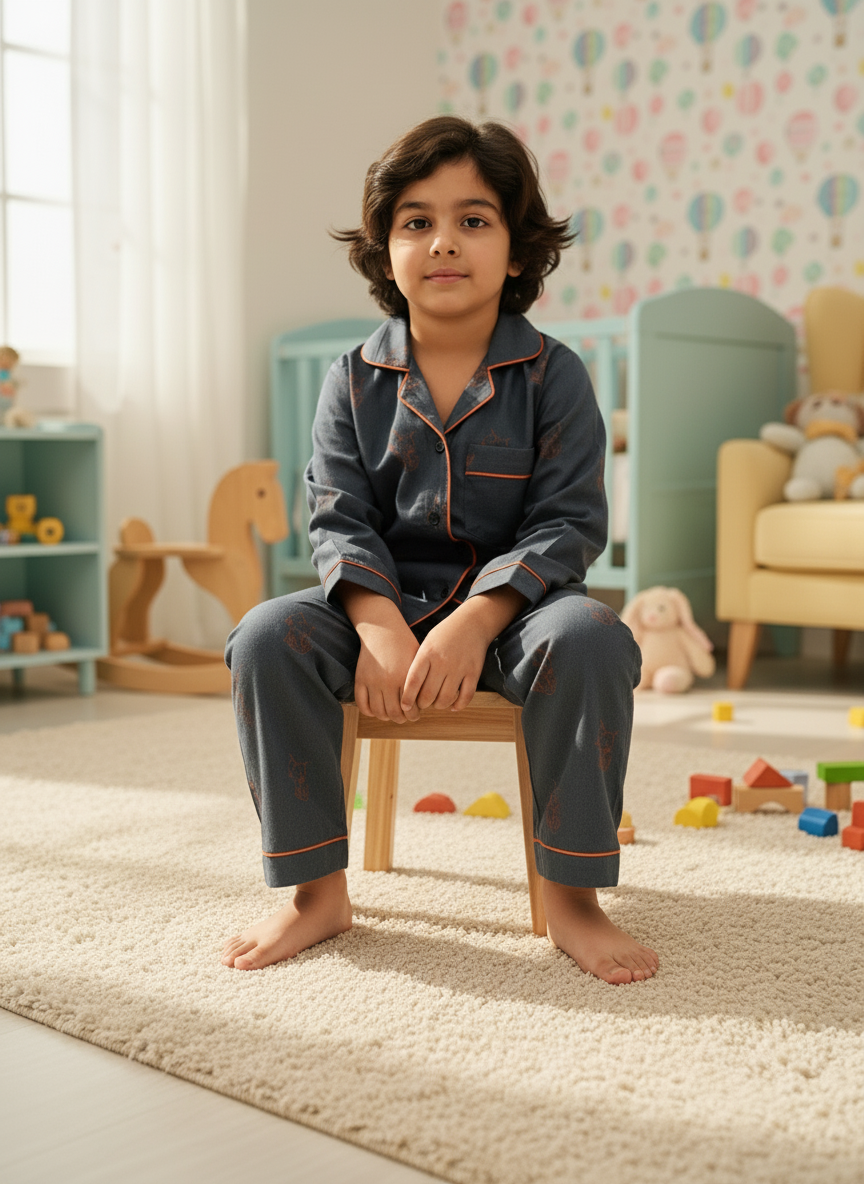 Midnight Blue Kitty Hand Block Printed Lycra Cotton Boy Night Suit