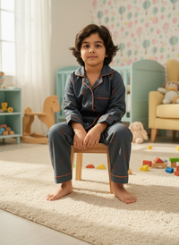 Thumbnail for Midnight Blue Kitty Hand Block Printed Lycra Cotton Boy Night Suit