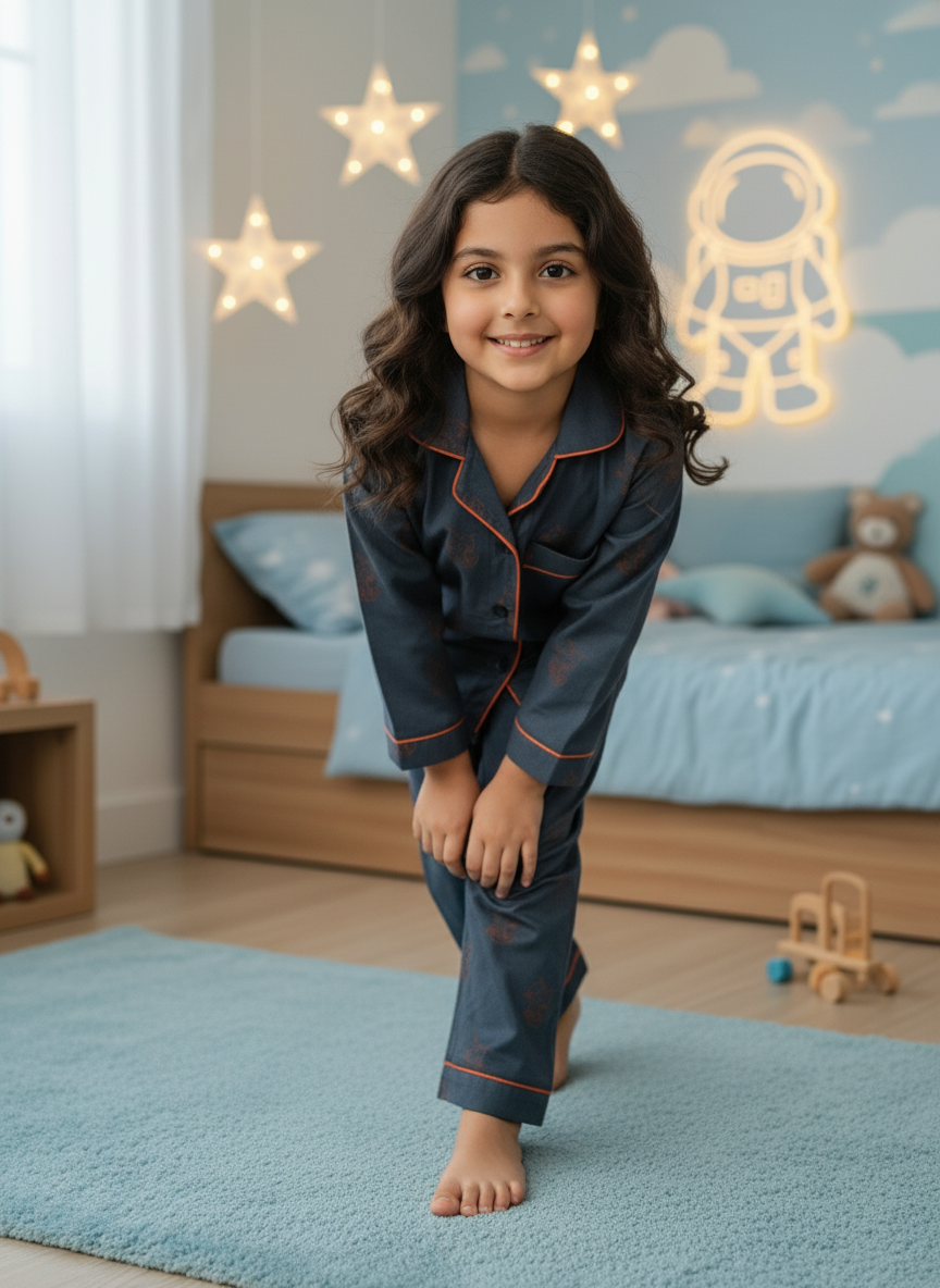 Midnight Blue Kitty Hand Block Printed Lycra Cotton Unisex Night Suit