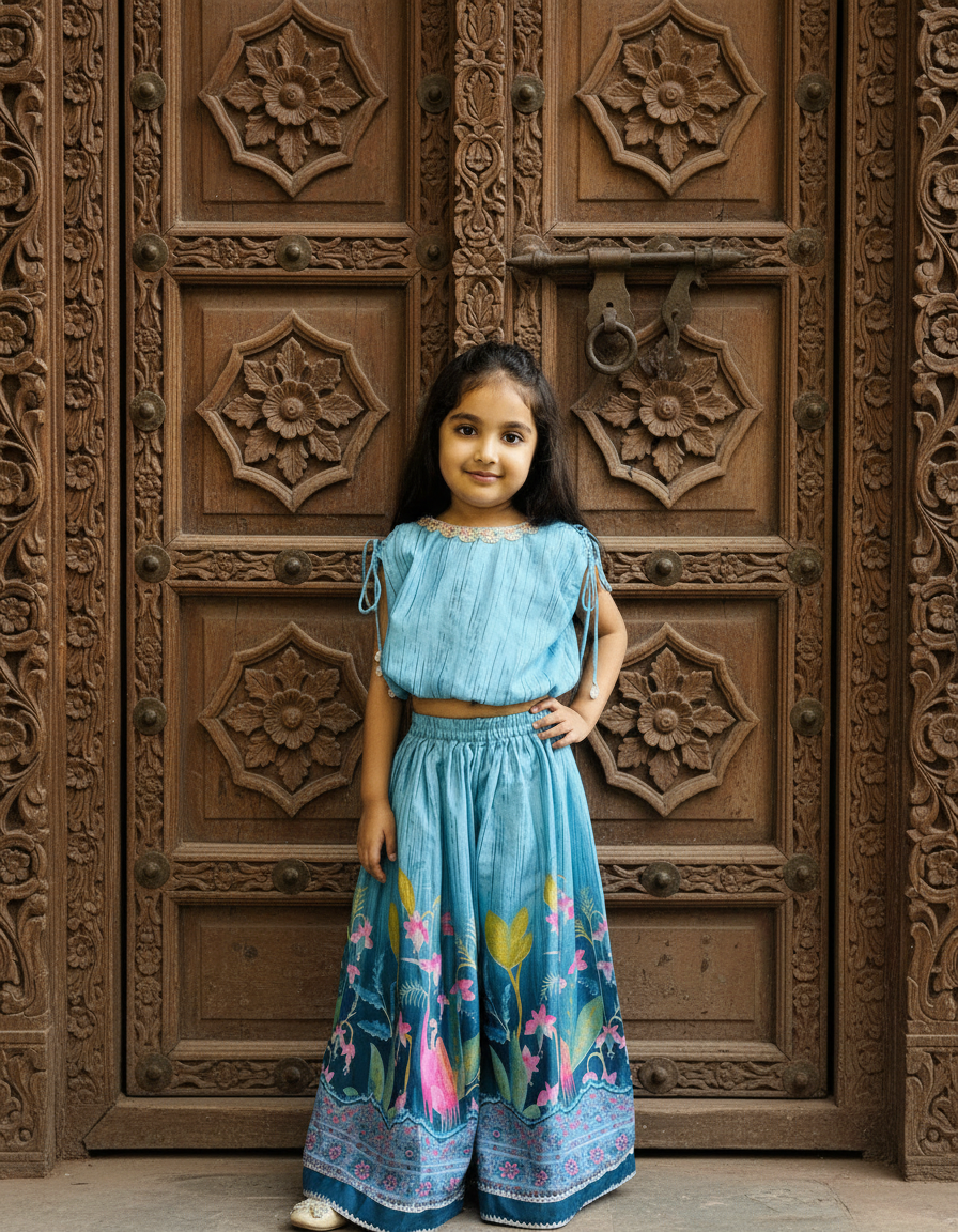 Sky Blue 2 piece Digital Print Skirt & Top Set For Girls