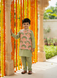 Thumbnail for Green 3 piece Digital Print Kurta Pajama with Printed Nehru Jacket Set for Boys