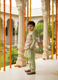 Thumbnail for Green 3 piece Digital Print Kurta Pajama with Printed Nehru Jacket Set for Boys