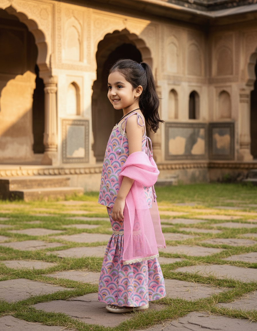 Pink 2 piece Digital Print Kurta  Sharara Set for Girls