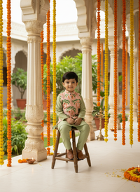 Thumbnail for Green 3 piece Digital Print Kurta Pajama with Printed Nehru Jacket Set for Boys