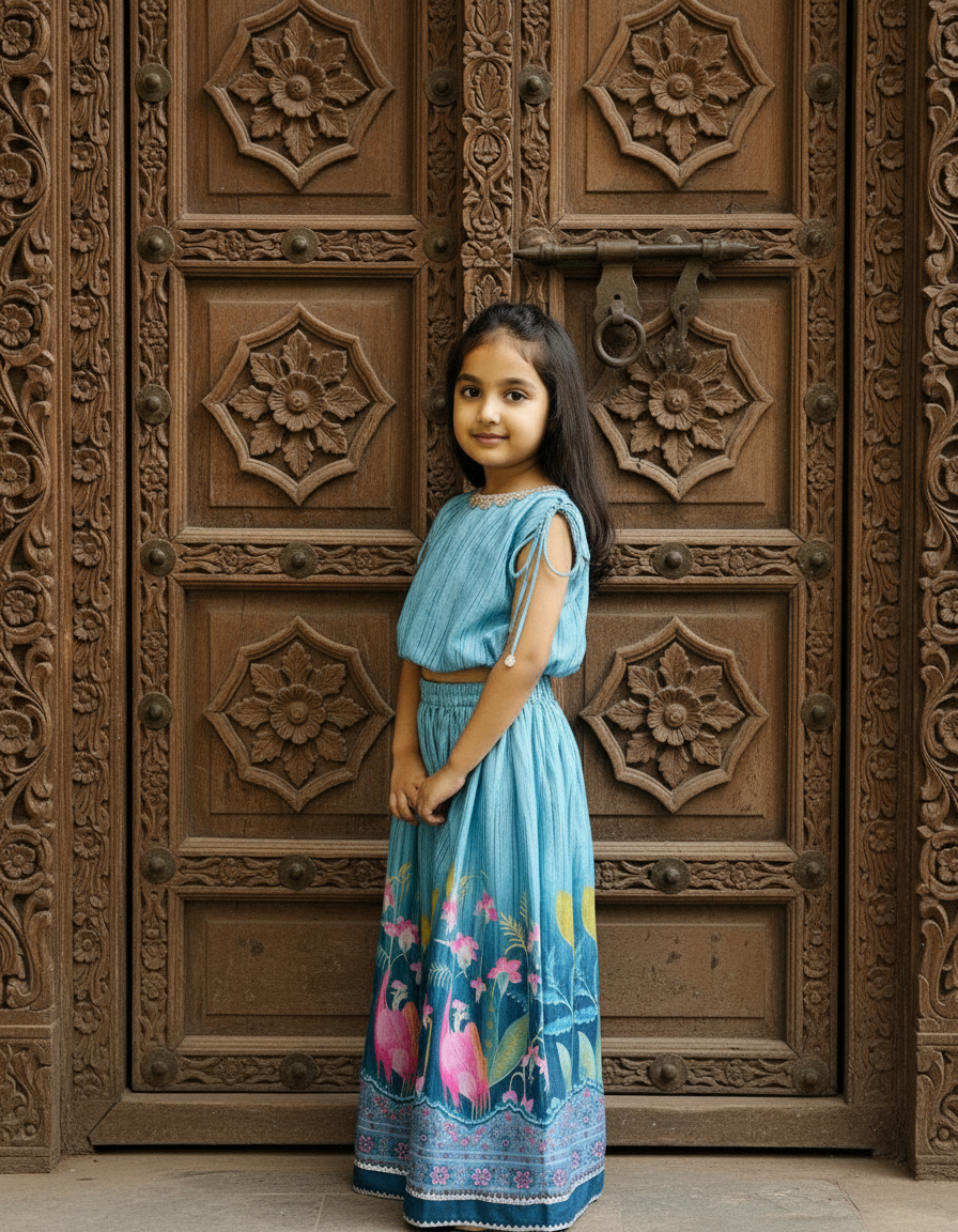 Sky Blue 2 piece Digital Print Skirt & Top Set For Girls
