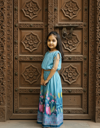 Thumbnail for Sky Blue 2 piece Digital Print Skirt & Top Set For Girls