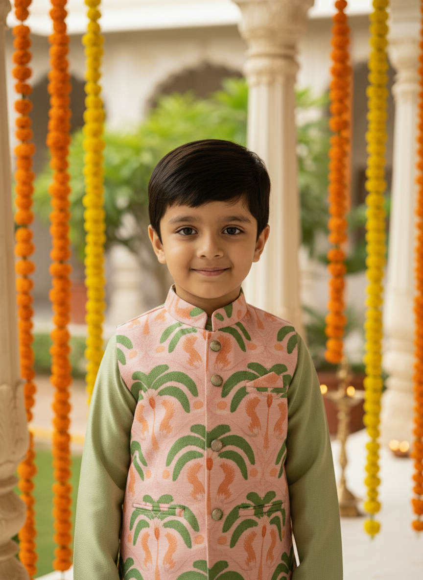 Green 3 piece Digital Print Kurta Pajama with Printed Nehru Jacket Set for Boys