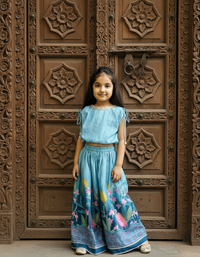 Thumbnail for Sky Blue 2 piece Digital Print Skirt & Top Set For Girls