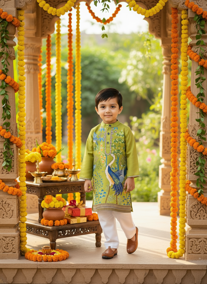 Green & White 2 piece Digital Print Kurta Pajama Set for Boys