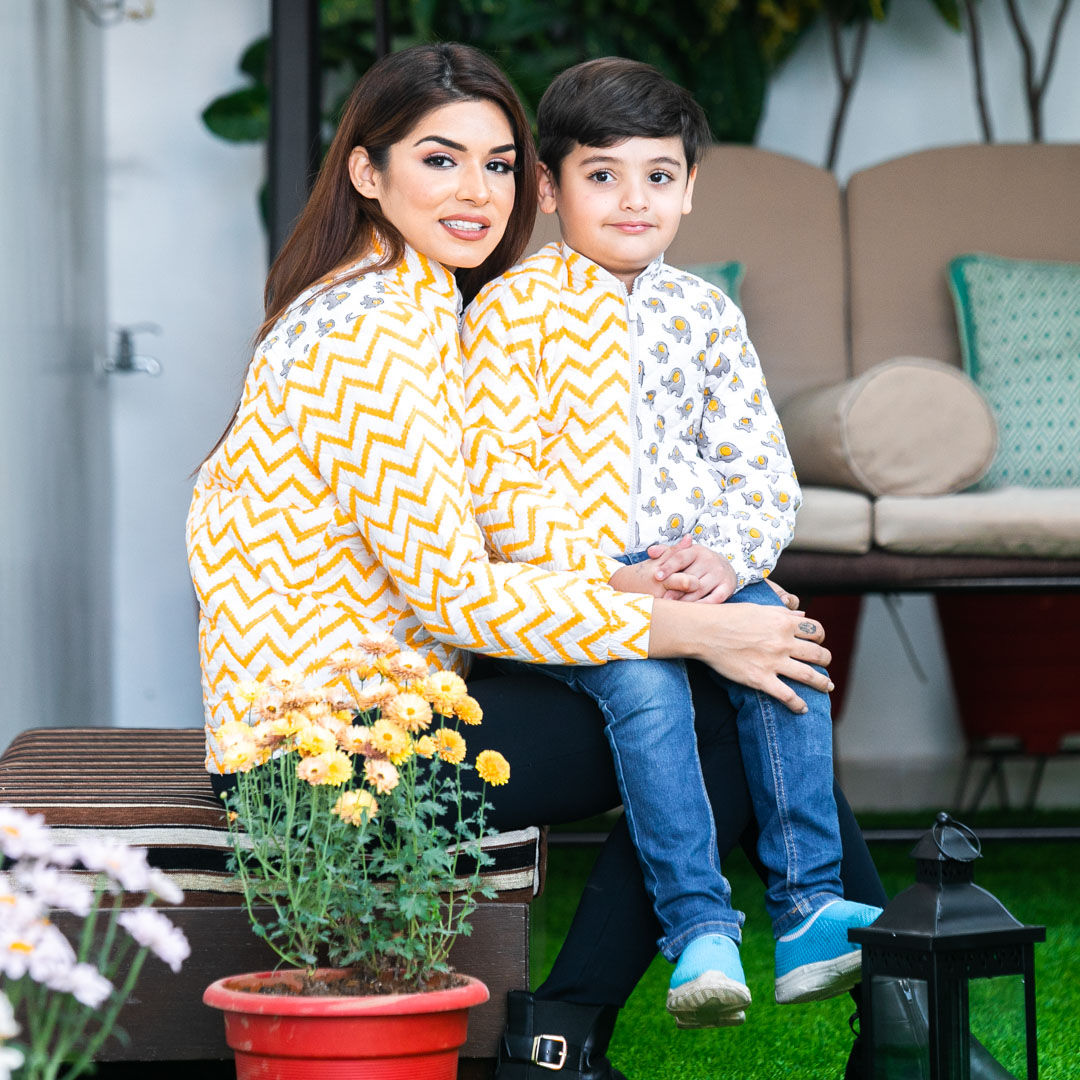Mom Son & Daughter Classic Sunshine Cotton Handblock Printed Bomber Jacket Twinning Set Duo