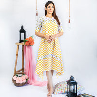 Thumbnail for Yellow Chevron Cotton Block Printed Midi Dress for Women