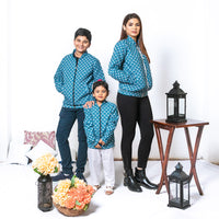 Thumbnail for Mom, Son & Daughter Classic  Bunny Cotton Hand Block Bomber Jacket Twinning Set Trio