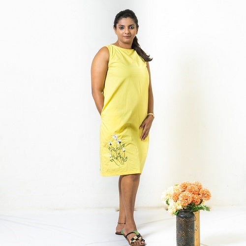 Lemon Yellow Embroidered Sleeveless Shift Dress for Women