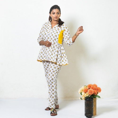 Yellow Two Piece Cotton Block Printed Peplum Top and Straight Pant Co-ord Set for Women