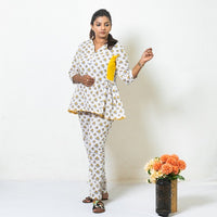 Thumbnail for Yellow Two Piece Cotton Block Printed Peplum Top and Straight Pant Co-ord Set for Women