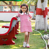 Thumbnail for Red White Block Printed Cotton Short A line Tunic Dress with Collar For Girls