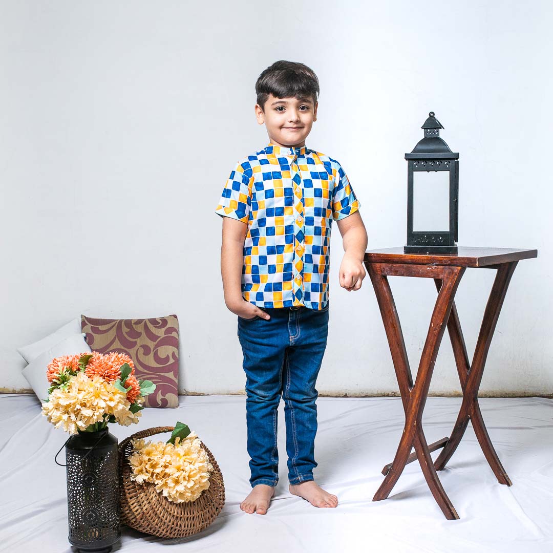 Blue Orange Cotton Checks Print Half Sleeves Shirt For Boys