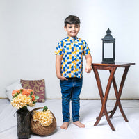 Thumbnail for Blue Orange Cotton Checks Print Half Sleeves Shirt For Boys