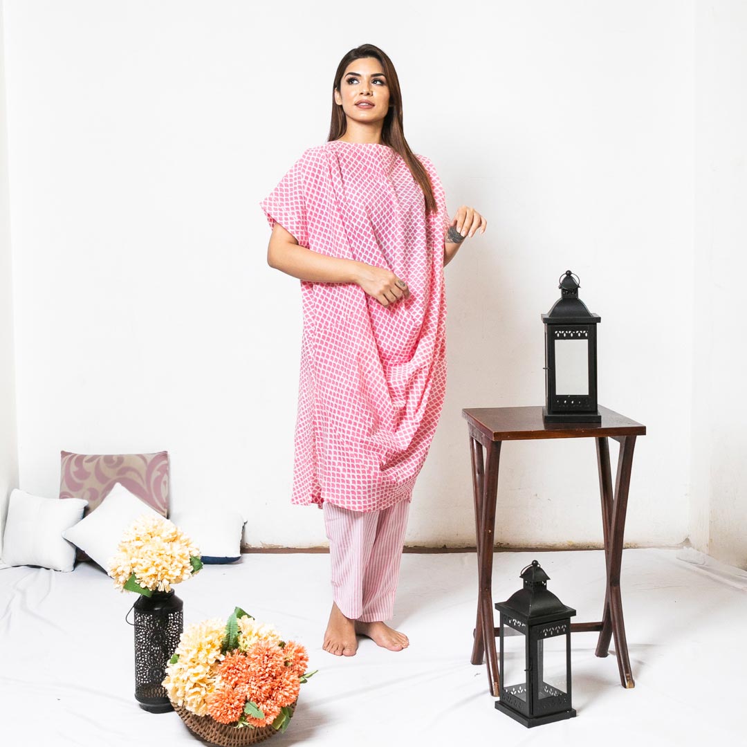 Pink Cotton Hand Block Print Cowl Top and Pant Co-ord Set for Women