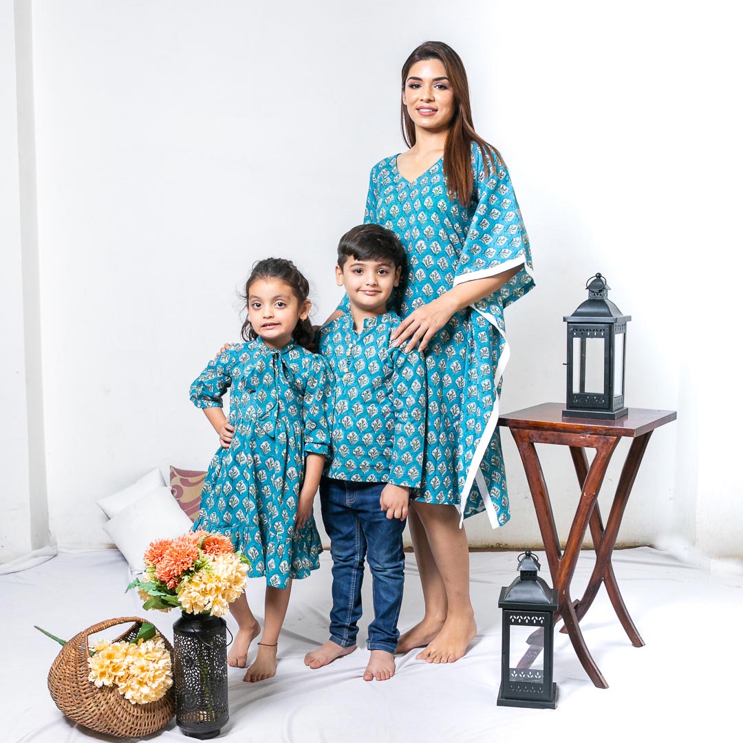 Mom, Son & Daughter Blue Floral Cotton Hand Block Printed Twinning Set Trio
