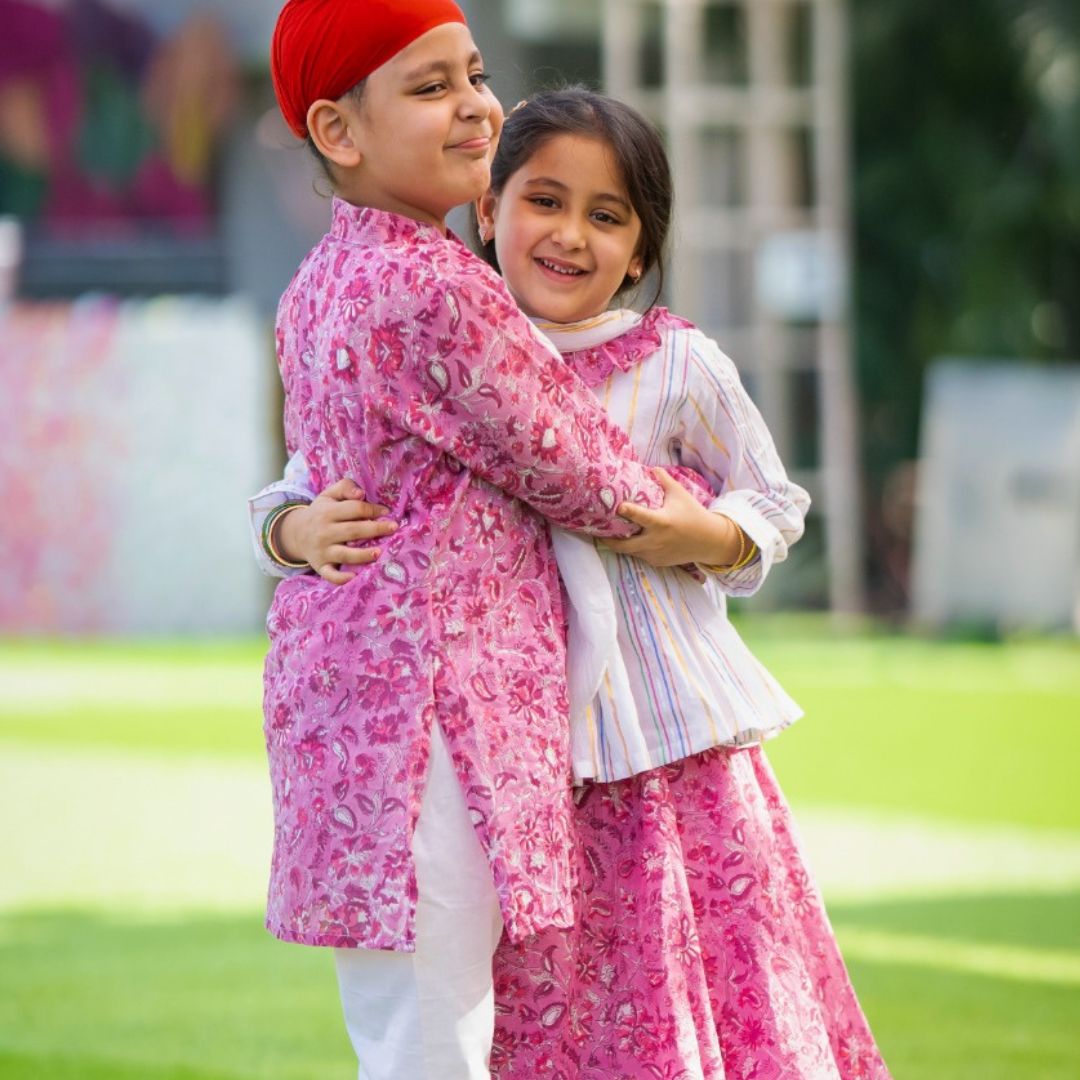 Boy & Girl Pink Cotton Hand Block Printed Twinning Set Duo