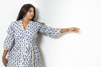 Thumbnail for Blue And White Cotton Block Printed Mid Length Dress For Women