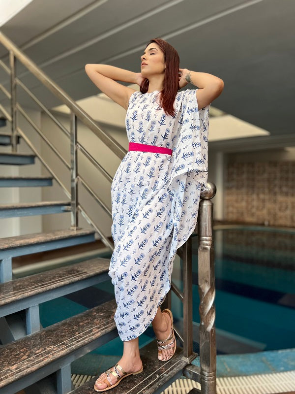 White And Blue Cotton Block Printed Drape Dress With Pink Belt for Woman