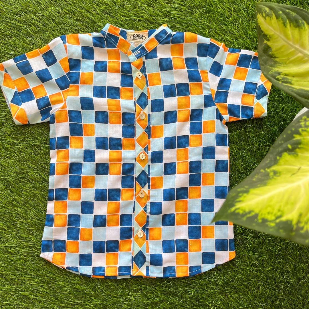 Blue Orange Cotton Checks Print Half Sleeves Shirt For Boys