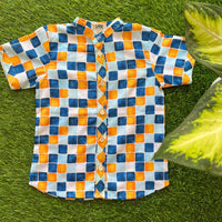 Thumbnail for Blue Orange Cotton Checks Print Half Sleeves Shirt For Boys