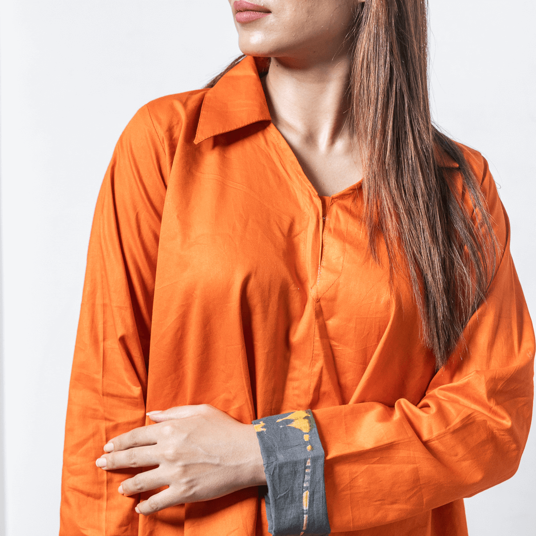 Orange Cotton  Handkerchief Top With Grey Shibori  Highlight on Sleeves for Women
