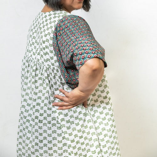 Teal White and Green Block Printed Kaftan Style Knee Length Dress