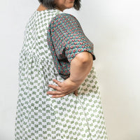 Thumbnail for Teal White and Green Block Printed Kaftan Style Knee Length Dress