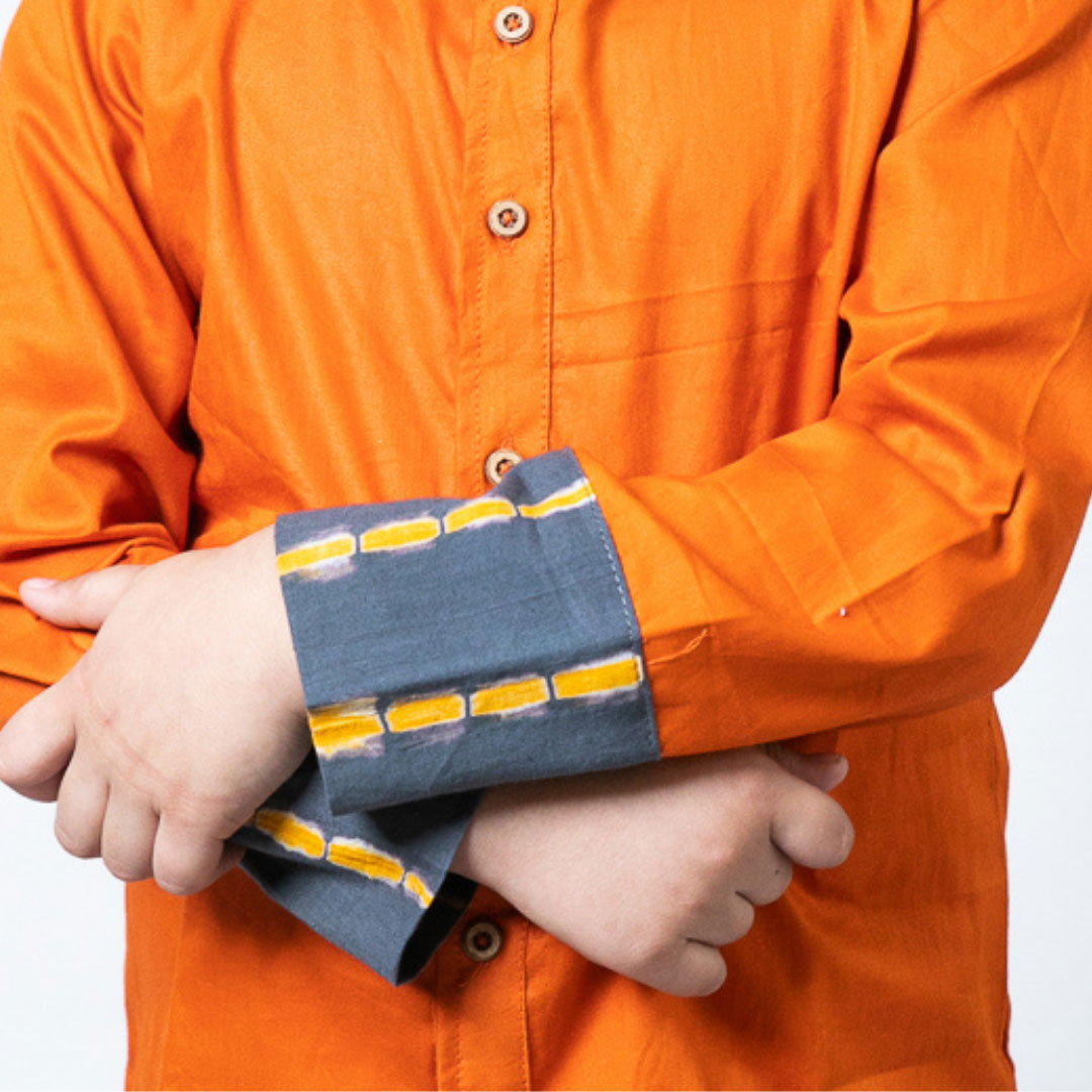Plain Orange With Grey Shibori Folded Cotton Full Sleeves Shirt For Boys
