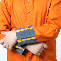 Thumbnail for Plain Orange With Grey Shibori Folded Cotton Full Sleeves Shirt For Boys