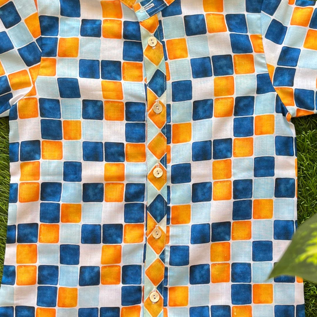 Blue Orange Cotton Checks Print Half Sleeves Shirt For Boys