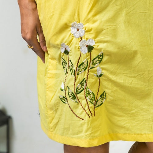 Lemon Yellow Embroidered Sleeveless Shift Dress for Women