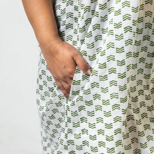 Teal White and Green Block Printed Kaftan Style Knee Length Dress