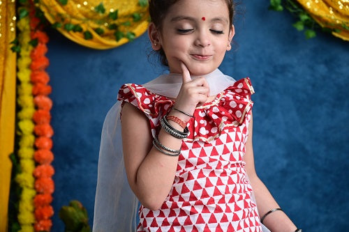 Three Piece Cotton Block Print Red and White Traditional Lehnga/Chaniya Choli Dupatta Set For Girls