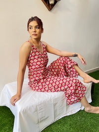 Thumbnail for Red Cotton Hand Block Printed Floral Jumpsuit