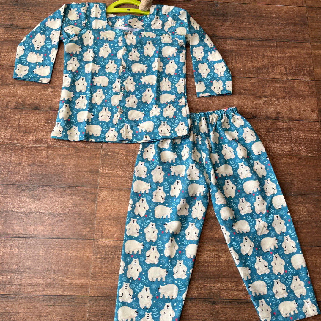Blue White Bear Printed Soft Cotton Nightwear For Boys